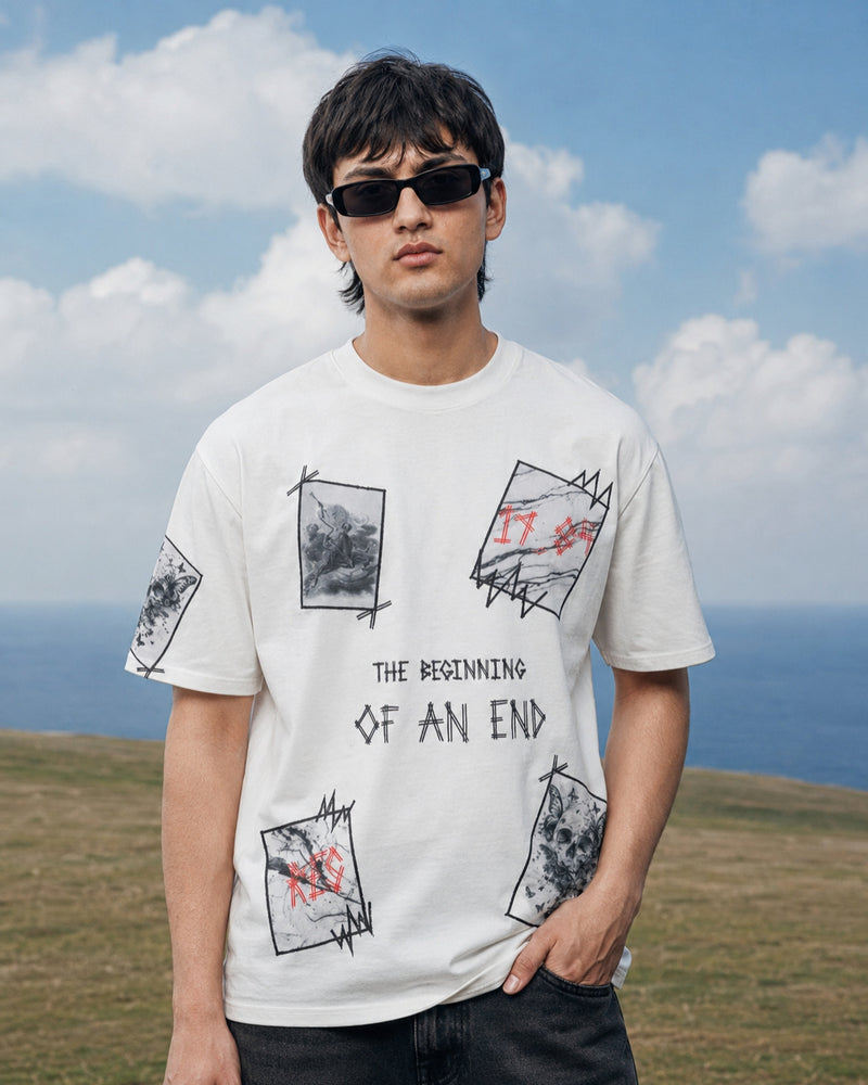 RINO7 White Graphic T-Shirt for Stylish Comfort - The Beginning of an End - RINO7