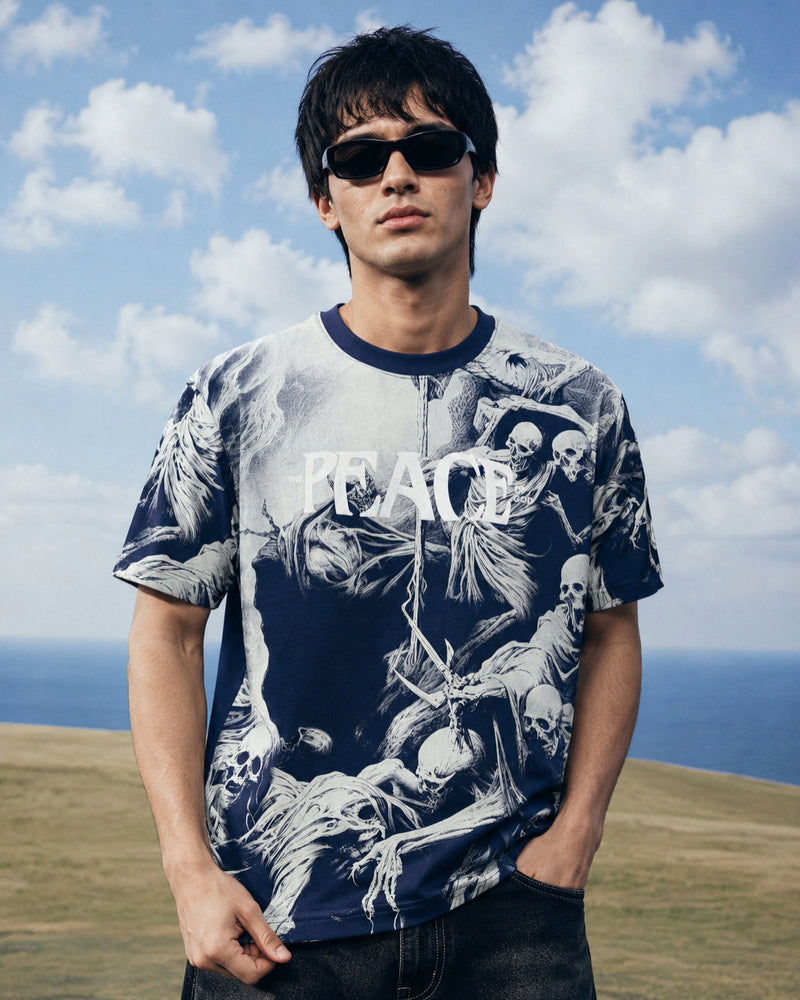 RINO7 Peace in Chaos T-Shirt for Men - Blue Regular Fit Graphic Design - RINO7