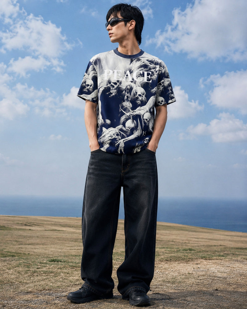 RINO7 Peace in Chaos T-Shirt for Men - Blue Regular Fit Graphic Design - RINO7