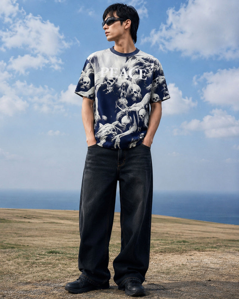 RINO7 “Peace in Chaos” Blue Regular Fit Graphic T-Shirt
