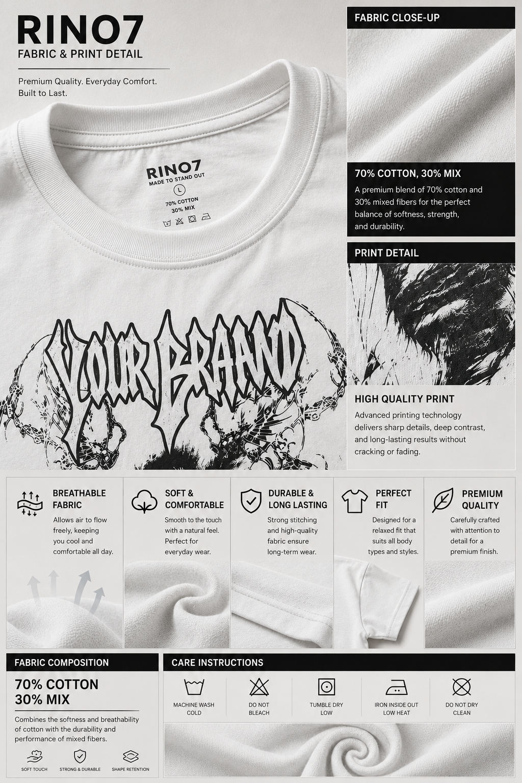 Rino7 Men’s Premium Oversized Cotton Blend Tee